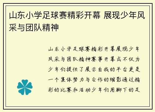 山东小学足球赛精彩开幕 展现少年风采与团队精神