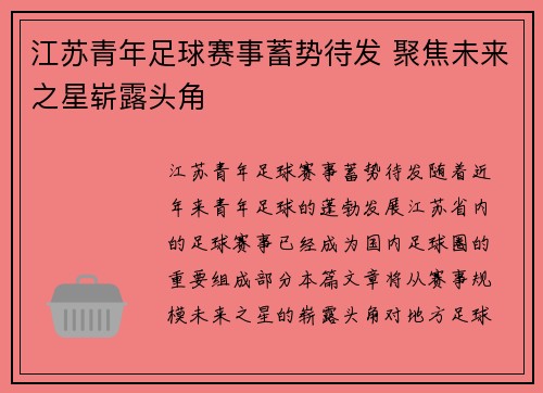 江苏青年足球赛事蓄势待发 聚焦未来之星崭露头角