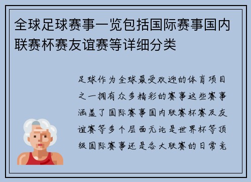 全球足球赛事一览包括国际赛事国内联赛杯赛友谊赛等详细分类