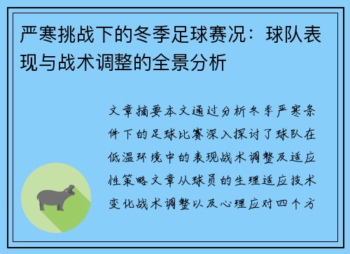 严寒挑战下的冬季足球赛况：球队表现与战术调整的全景分析
