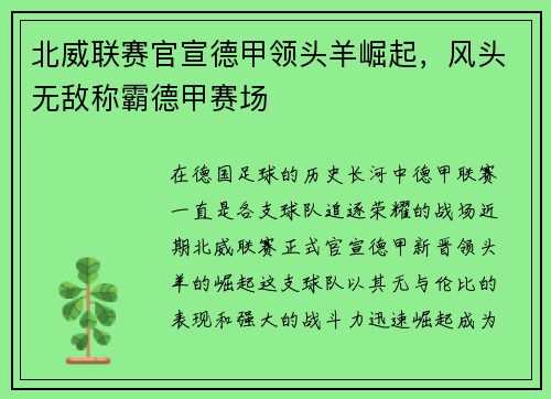北威联赛官宣德甲领头羊崛起，风头无敌称霸德甲赛场