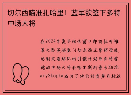 切尔西瞄准扎哈里！蓝军欲签下多特中场大将
