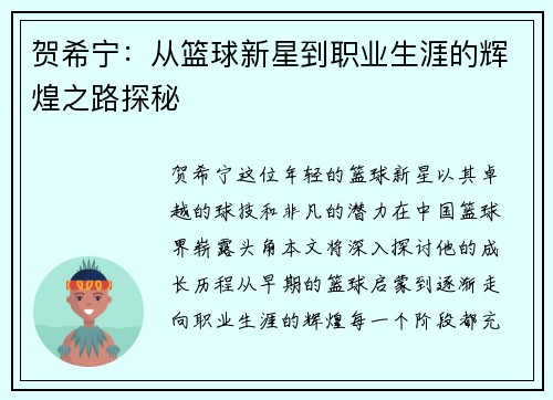 贺希宁：从篮球新星到职业生涯的辉煌之路探秘