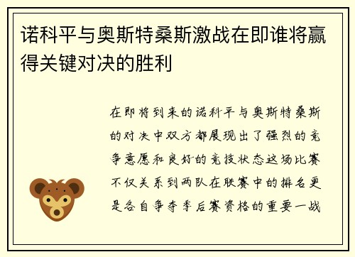 诺科平与奥斯特桑斯激战在即谁将赢得关键对决的胜利