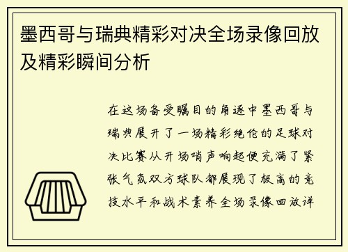 墨西哥与瑞典精彩对决全场录像回放及精彩瞬间分析