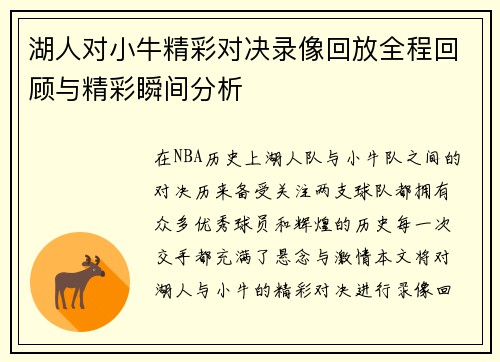 湖人对小牛精彩对决录像回放全程回顾与精彩瞬间分析