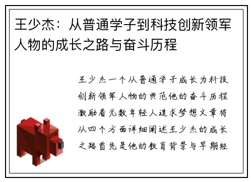 王少杰：从普通学子到科技创新领军人物的成长之路与奋斗历程