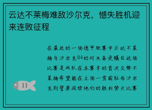 云达不莱梅难敌沙尔克，憾失胜机迎来连败征程