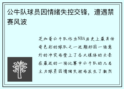 公牛队球员因情绪失控交锋，遭遇禁赛风波