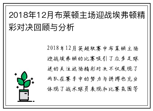 2018年12月布莱顿主场迎战埃弗顿精彩对决回顾与分析