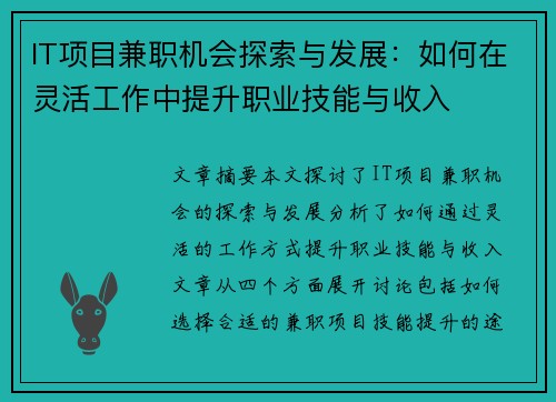 IT项目兼职机会探索与发展：如何在灵活工作中提升职业技能与收入