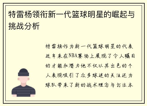 特雷杨领衔新一代篮球明星的崛起与挑战分析