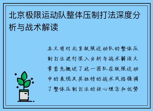 北京极限运动队整体压制打法深度分析与战术解读